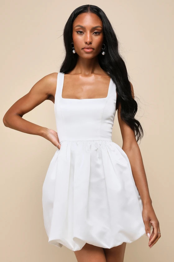 Regal Cutie White Satin Square Neck Bubble-Hem Mini Dress | Lulus