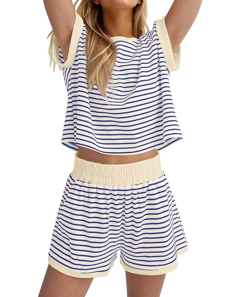 Women Summer 2 Piece Lounge Sets Striped Short Sleeve Tee Shirts Mini Shorts Loungewear Shorts Se... | Amazon (US)