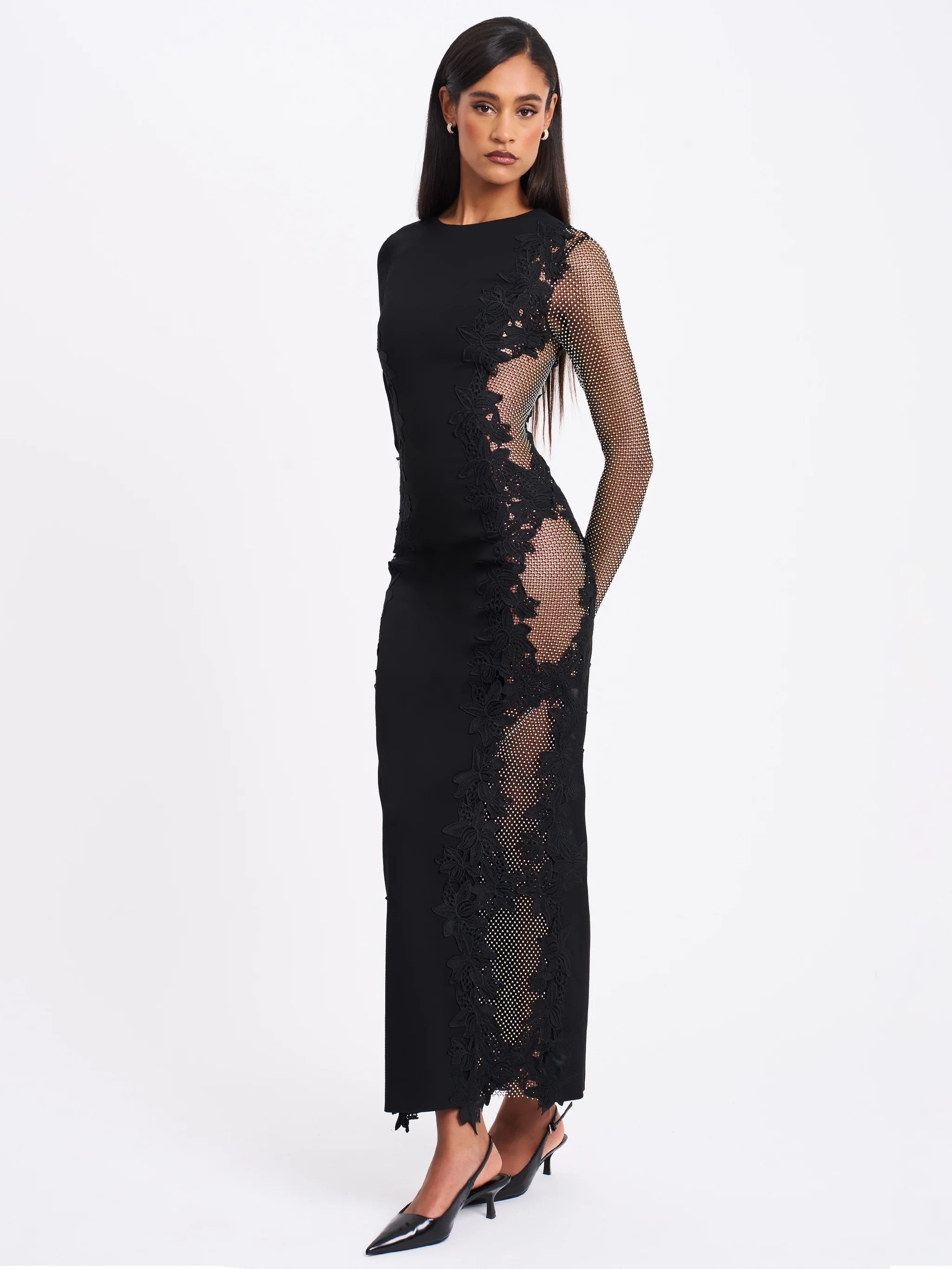 Bailey Lace Trim Crystal Net Cutout Long Sleeve Gown | Miss Circle