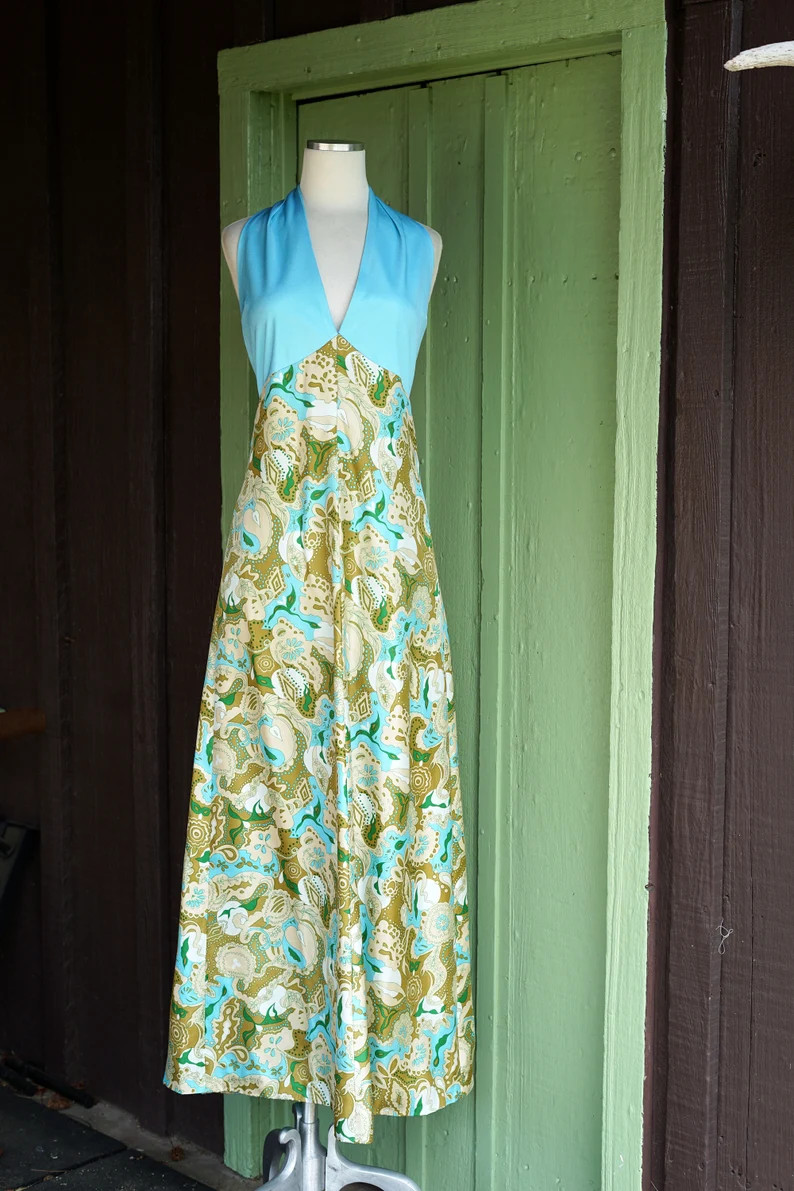 1970s Light Blue Halter Maxi Dress with Tan Green White Swirly Floral Print // 70s Open Back Halt... | Etsy (Global)