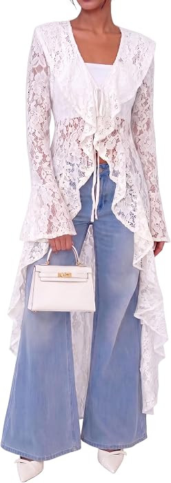 Lace Cardigan for Women Maxi Summer Lightweight Open Front Tie Bell Long Sleeve Ruffled Tops Dust... | Amazon (US)