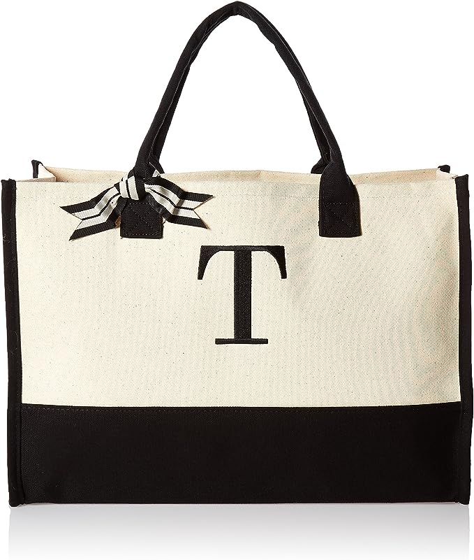 Mud Pie Classic Black and White Initial Canvas Tote Bags (T), 100% Cotton, 17" x 19" x 2" | Amazon (US)