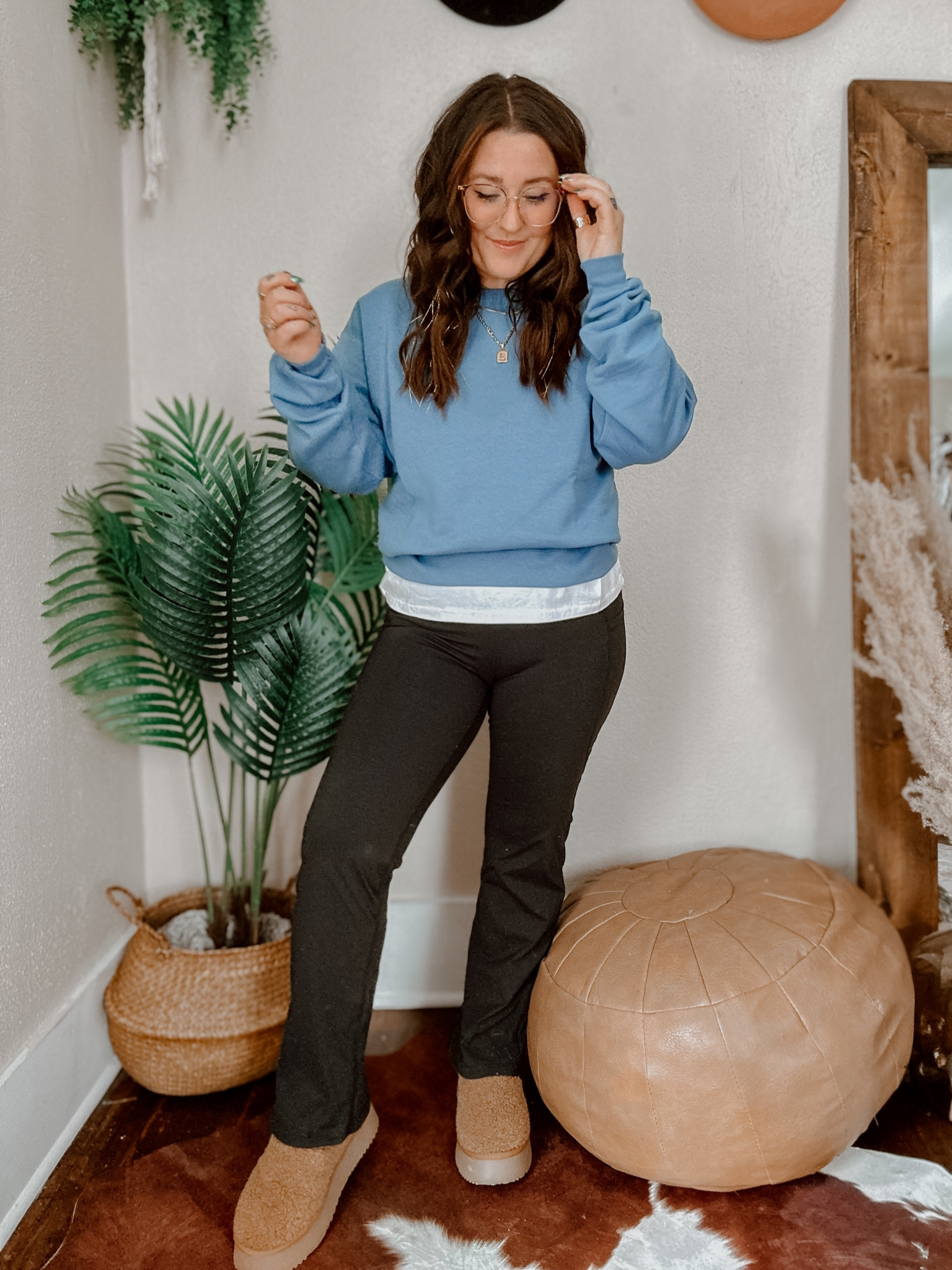 Cozy sweats outfit! Styling Hanes sweats! Wearing medium in blue sweatshirt, medium in white tee, medium in yoga pants (flare leggings) and my swap for less fuzzy Sherpa platform slippers, gold jewelry! 

#LTKSeasonal #LTKstyletip #LTKMostLoved
