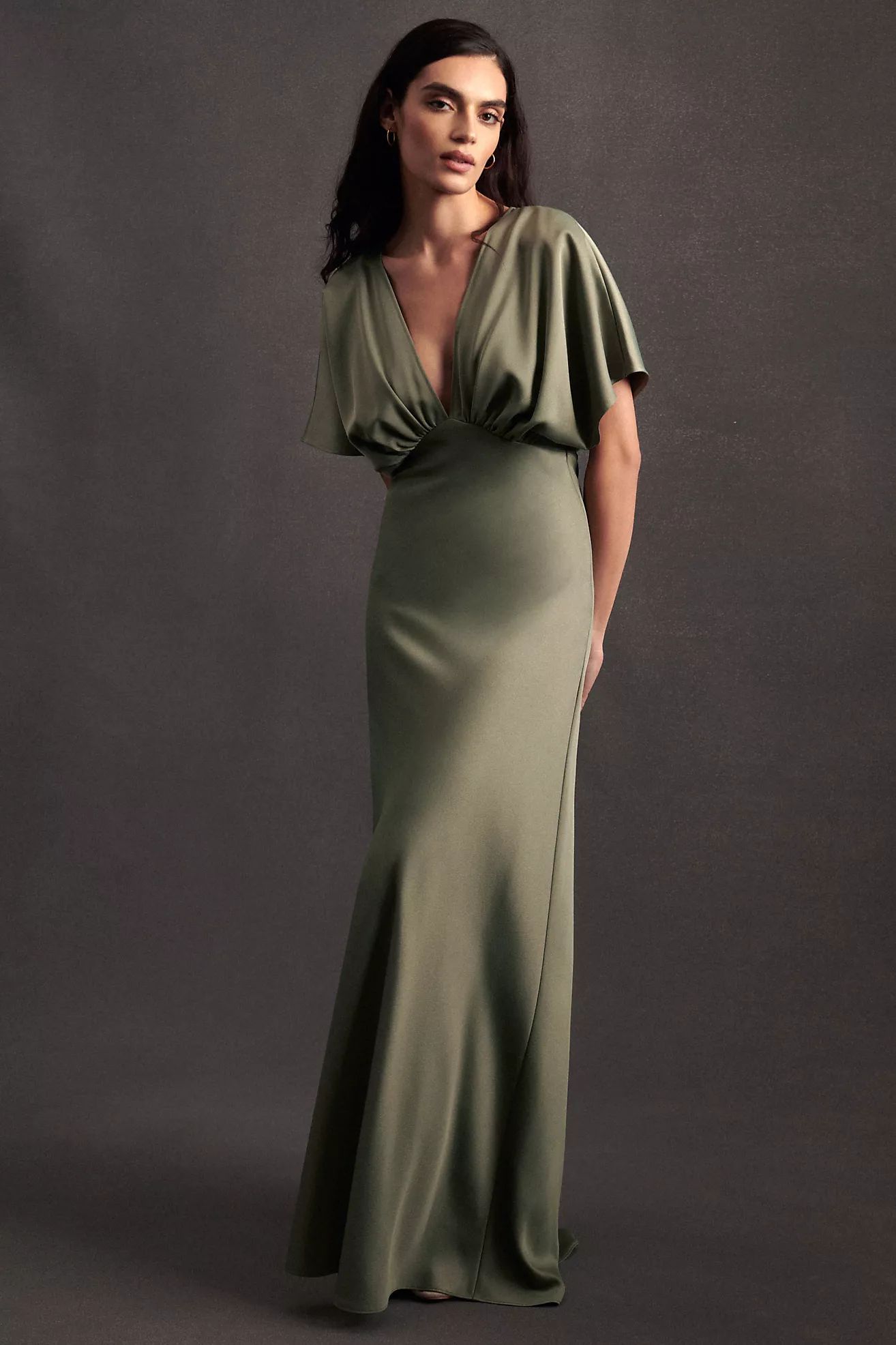 BHLDN Leila Deep-V Flutter-Sleeve Satin A-Line Gown | Anthropologie (US)