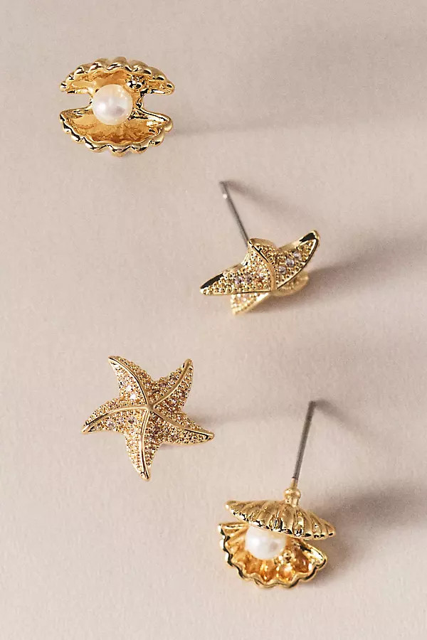 Clam & Starfish Stud Earrings, Set of 2 | Anthropologie (US)