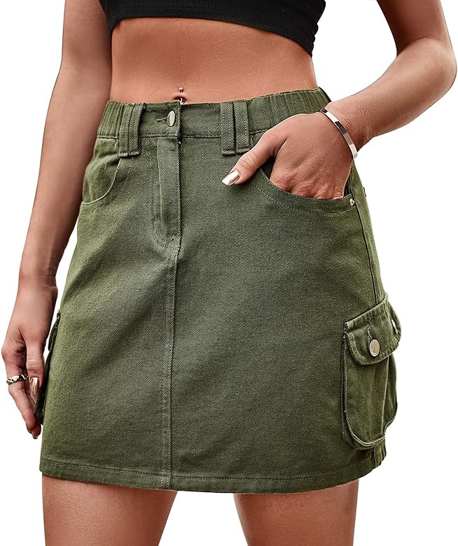 SEAUR Women's Casual High Waist Denim Skirt Slim Fit A-line Midi Jean Skirts Stretch Mini Cargo S... | Amazon (CA)