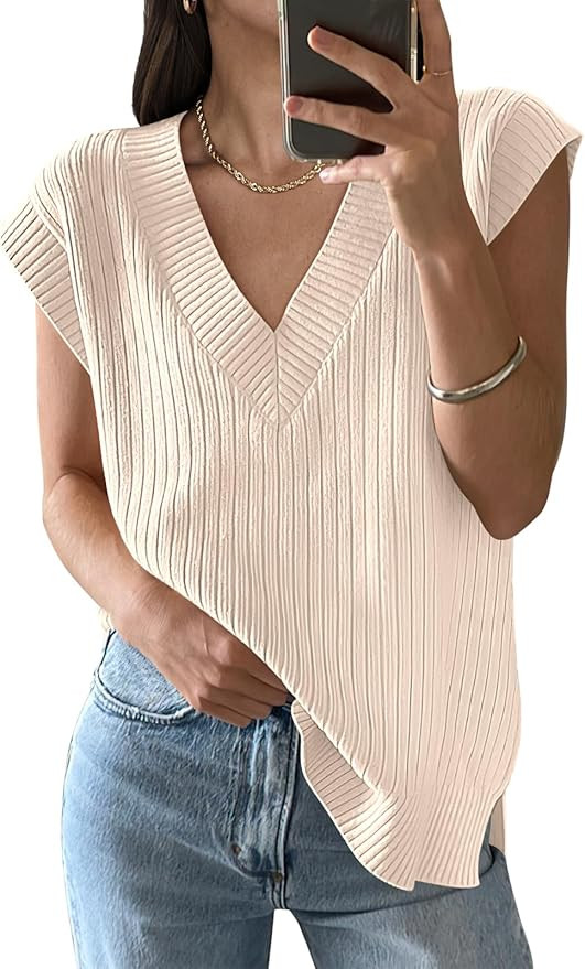ANRABESS Womens V Neck Sweater Vest Oversized Sleeveless Tops Casual Ribbed Knit Loose 2024 Summe... | Amazon (US)