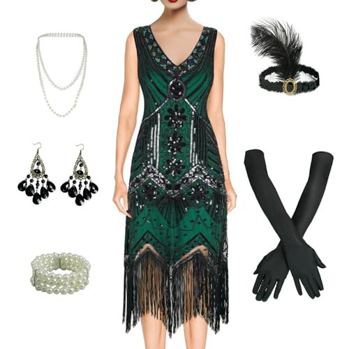 BONGZUO Women's 1920s Flapper Dress Vintage Lace Fringed Gatsby Cocktail Dress with 20s Accessories Set(Z3722GN,M) | Amazon (US)