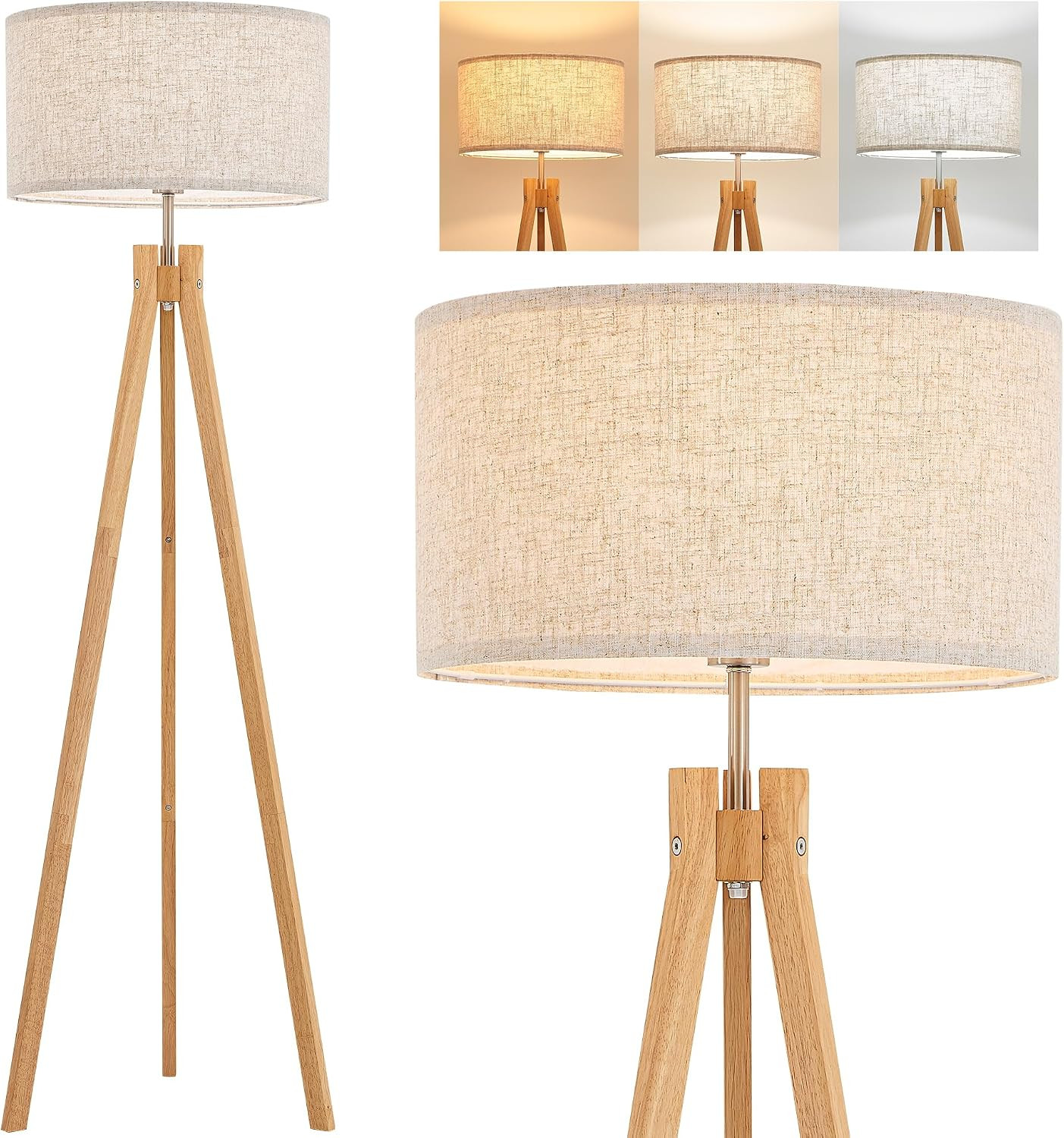 ELYONA Nordic Wood Tripod Floor Lamp, Modern Reading Standing Lamp for Living Room 3 Color Temperatures LED Bulb Included Flaxen Lamp Shade, Boho Natural Wooden floor lamp for Bedroom Office Kids Room | Amazon (US)