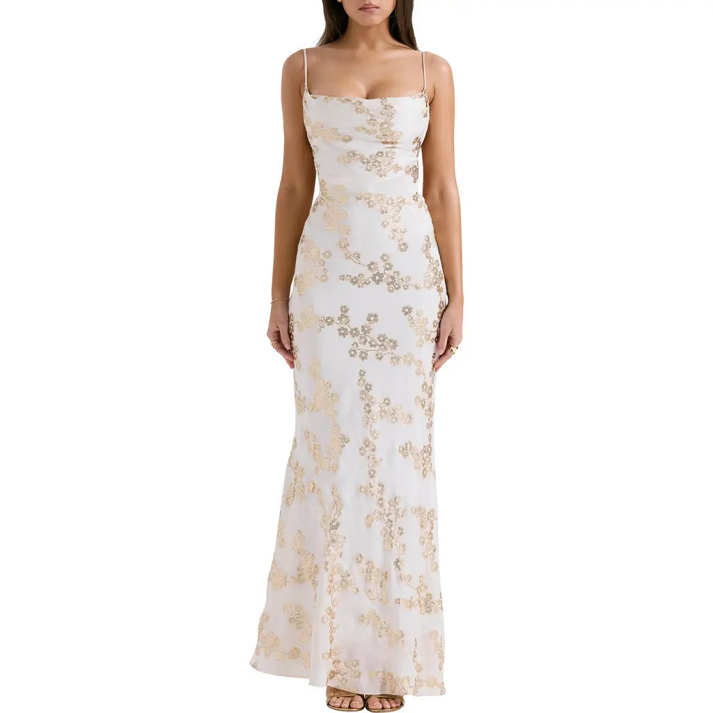 HOUSE OF CB Caprina Embroidered Floral Trumpet Gown in White Gold at Nordstrom, Size X-Large | Nordstrom