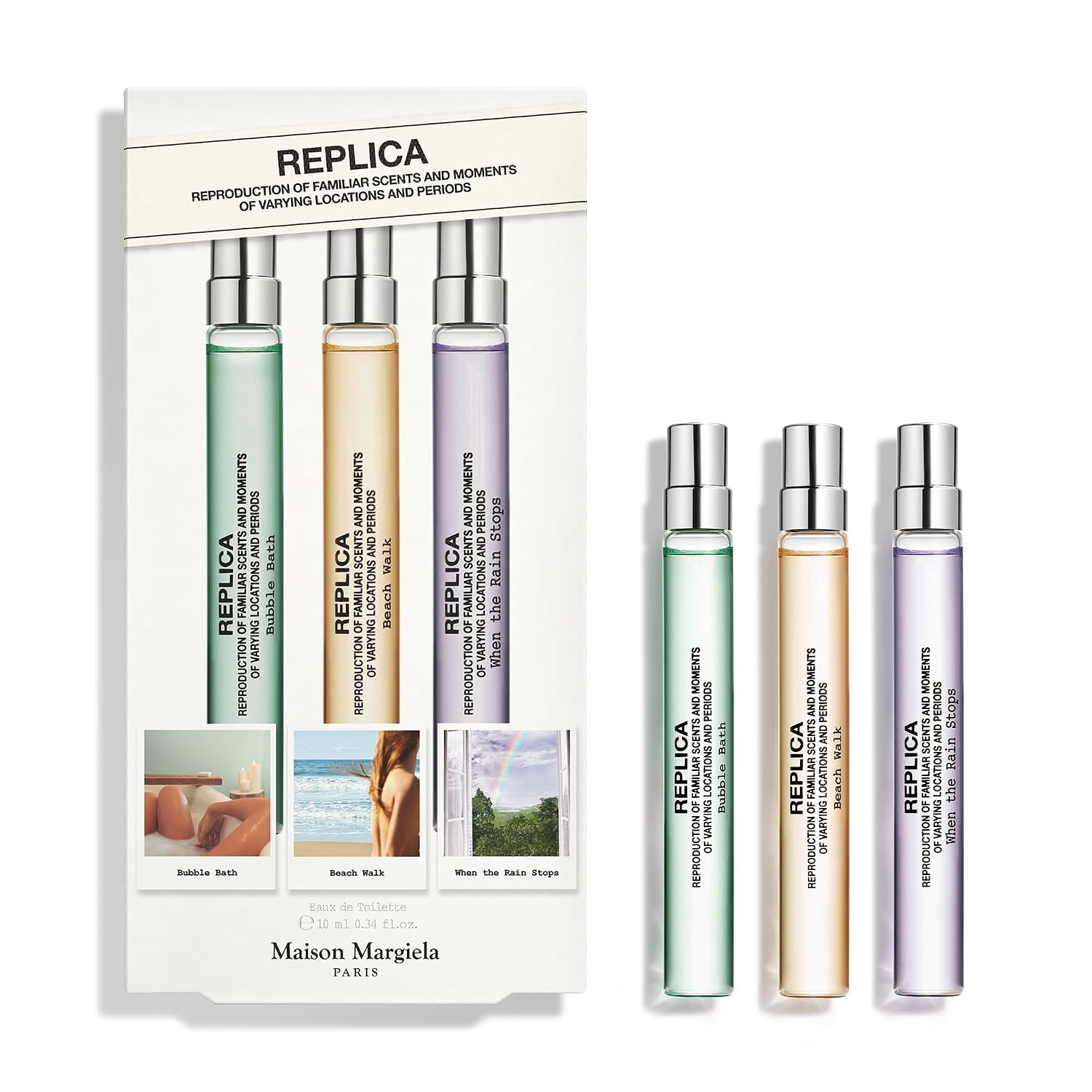 Maison Margiela - Replica - Fresh Fragrance Travel Set - Trio Fragrance Discovery Set - With When The Rain Stops, Bubble Bath & Beachwalk - 0.3 Fl Oz Travel Size Each | Amazon (US)
