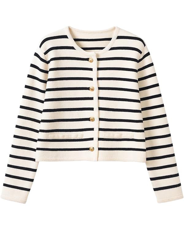 2023 Women's Long Sleeve Striped Sweater Button Cardigan Knitted Open Coat Outwear with Pockets | Amazon (US)