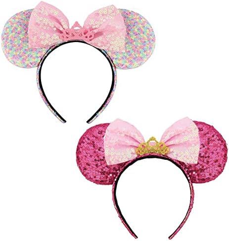 Mouse Ears Bow Headbands, 2PCS Sequin Shiny Princess Ears Crown Headbands for Women, Girls (Hot Pink | Amazon (US)