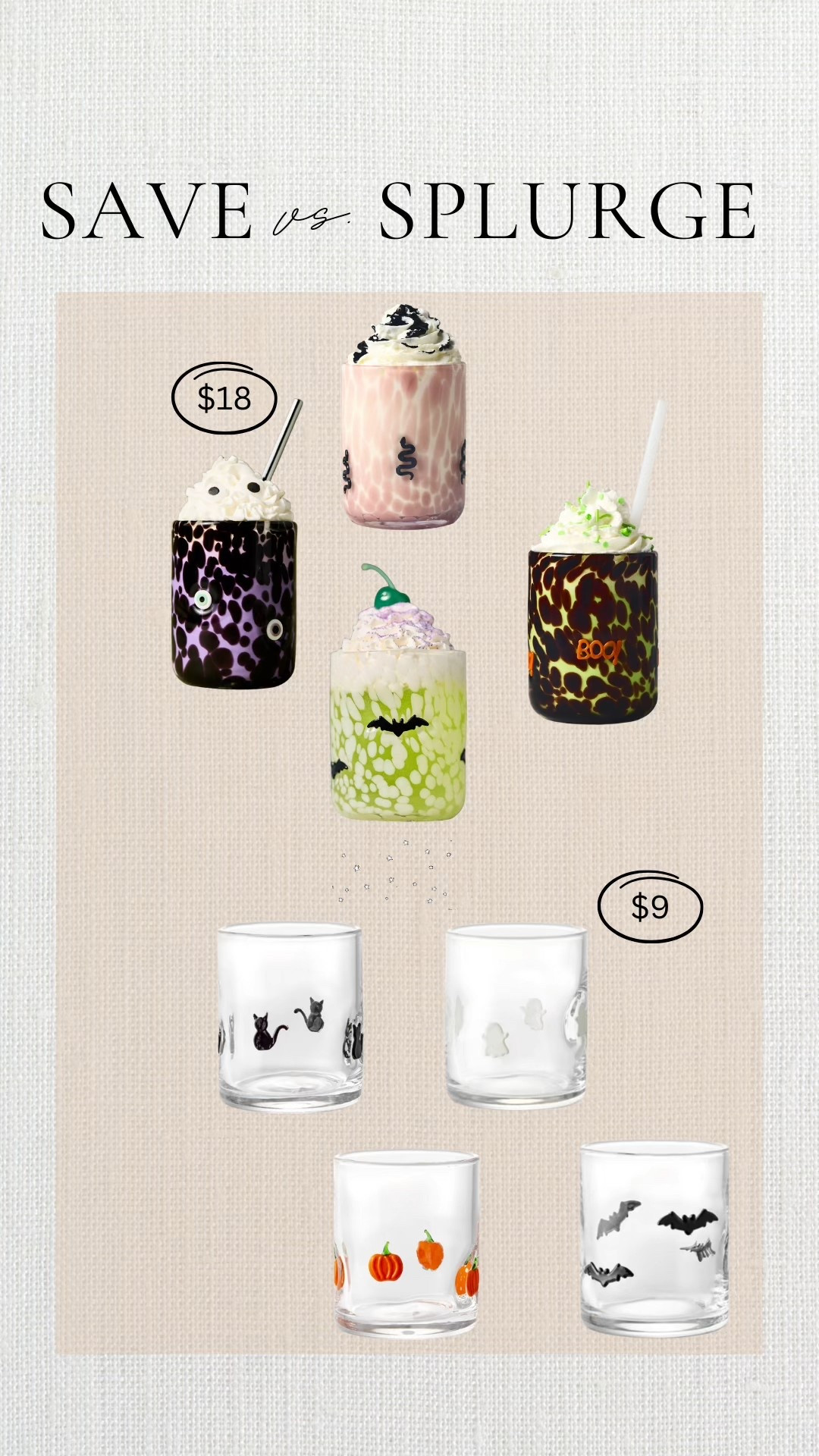 Save vs. splurge icon glasses for Halloween! The Walmart ones are 2 for the price of one Anthropologie glass! #meandmrjones 