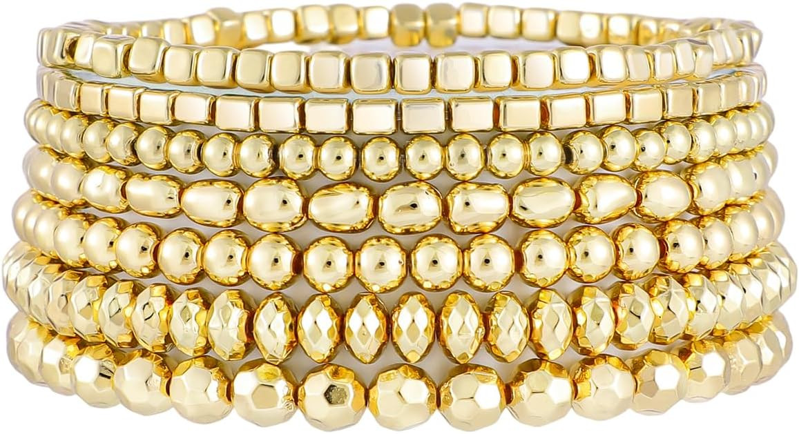 Gold Plated Beaded Bracelets for Women Trendy, 14K Gold Plated Stack Cross Pearl Gold Plated Bead... | Amazon (US)