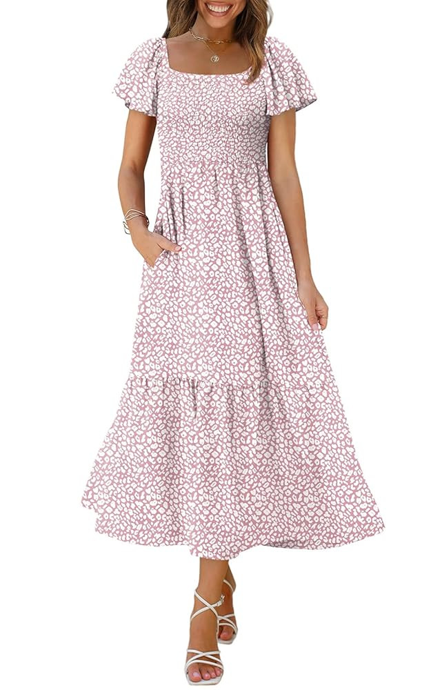 OFEEFAN Summer Dresses for Women Square Neck Ruffle Sleeve Smocked Maxi Dress with Pockets | Amazon (US)