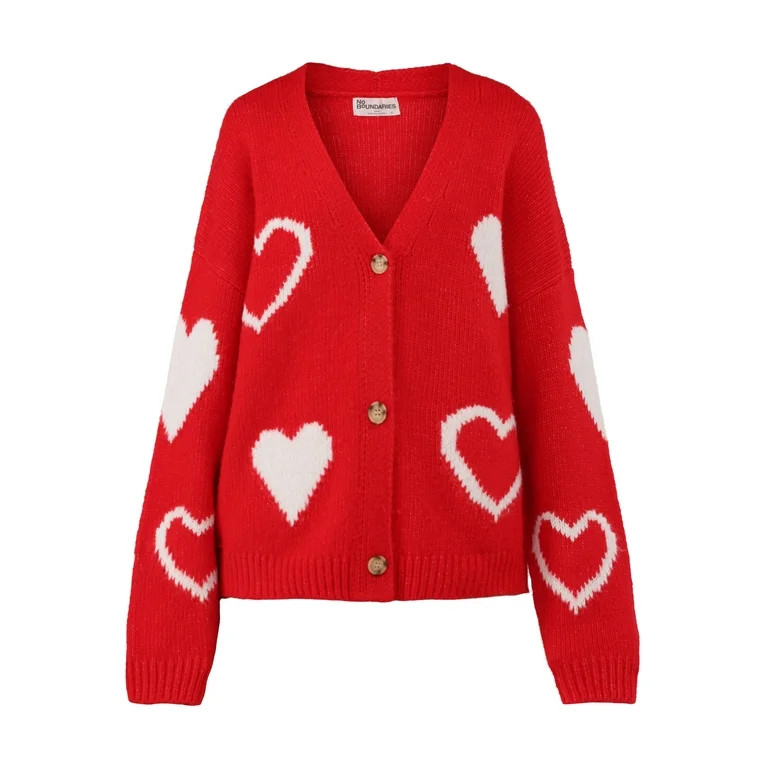 No Boundaries Button-Front Heart-Print Cardigan, Midweight, Women's and Women’s Plus Sizes XXS ... | Walmart (US)