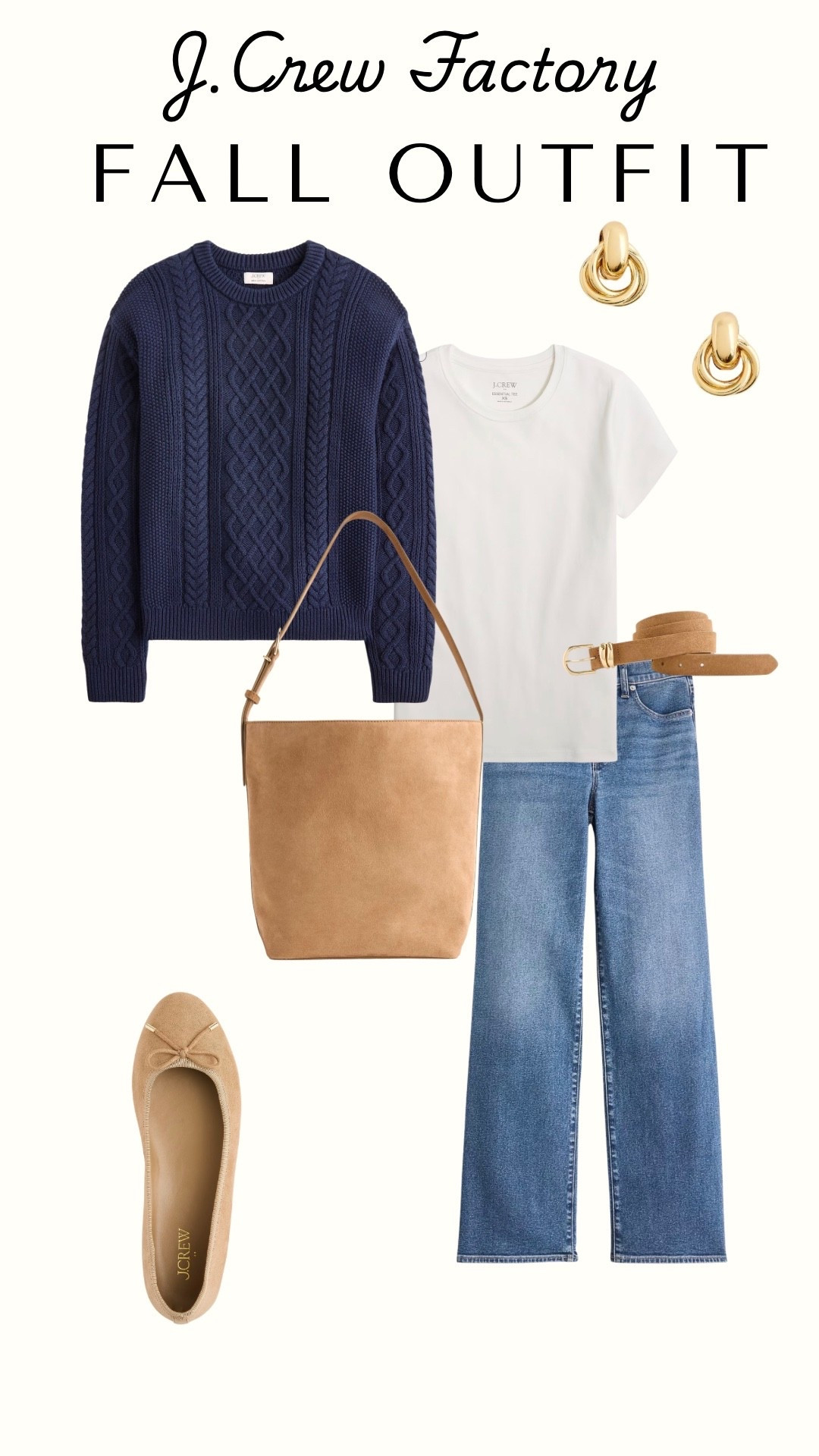 J.Crew Factory fall outfit, fall style, wide leg denim, cute belt for fall, beautiful ballet slippers, cable knit sweater, basic white tee, fall earrings

#LTKdayinmylife #LTKootd #LTKgrwm