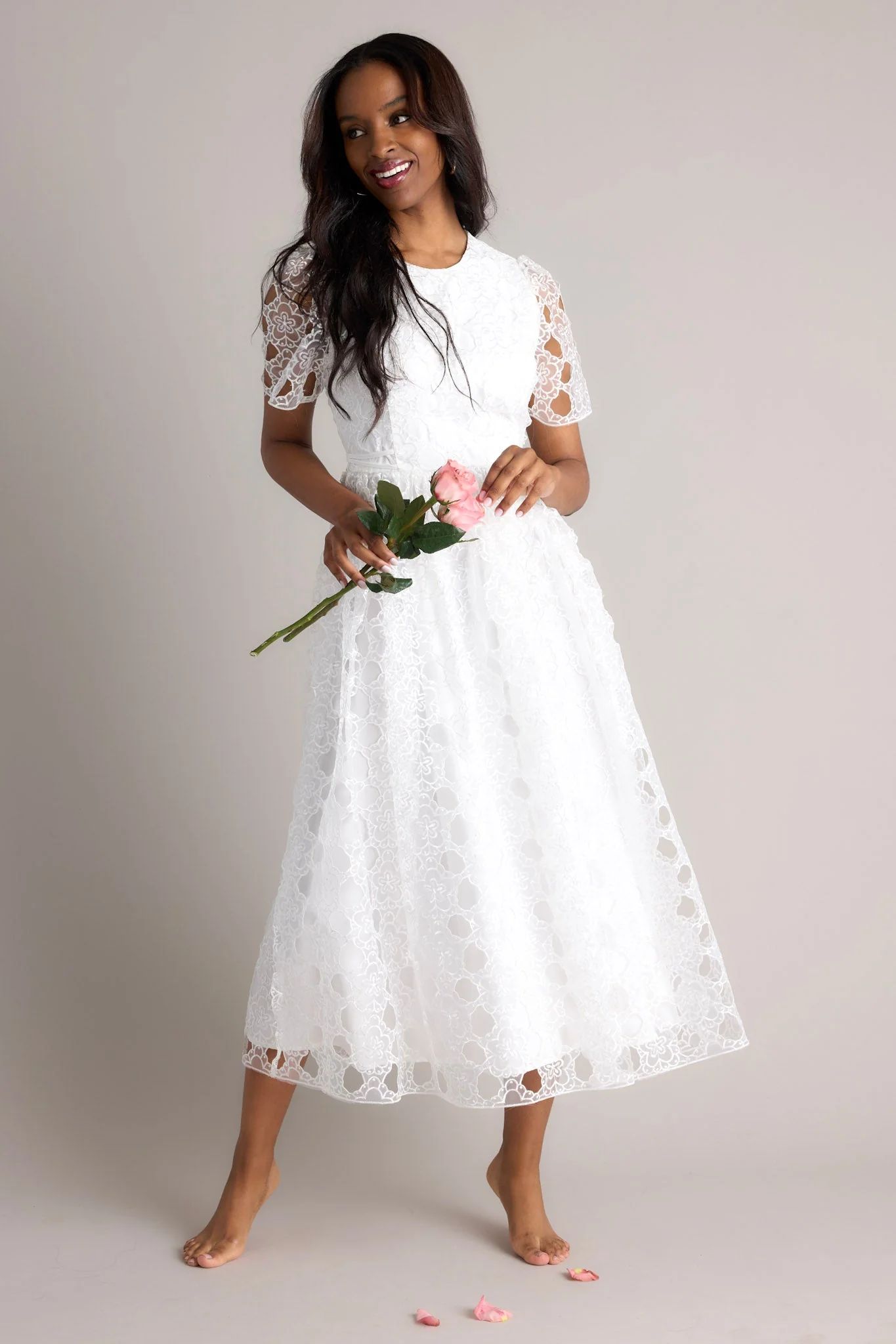 Life’s Pathways White Floral Embroidered Midi Dress | Red Dress