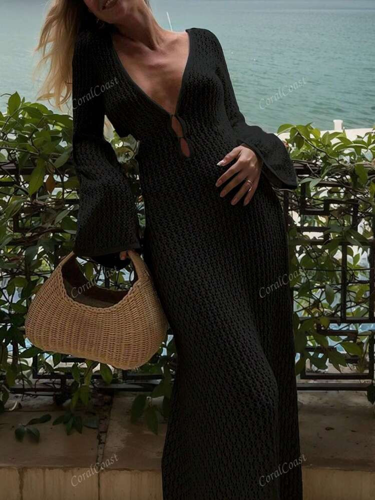 Spring-Summer Crocheted V-Neck Backless Ruched Waist Bodycon Dress For Holiday,Beach Vacation | SHEIN