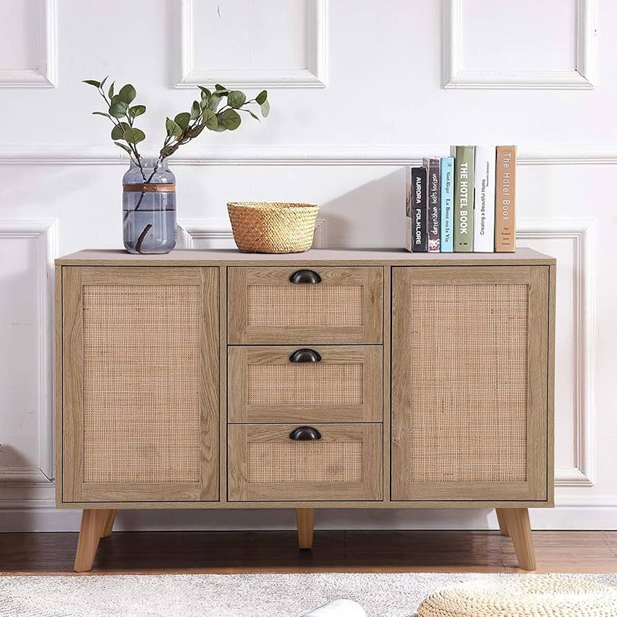 Sophia & William Buffet Sideboard, Rattan Storage Cabinet with 3 Drawers and 2 Doors, Cupboard Co... | Amazon (US)