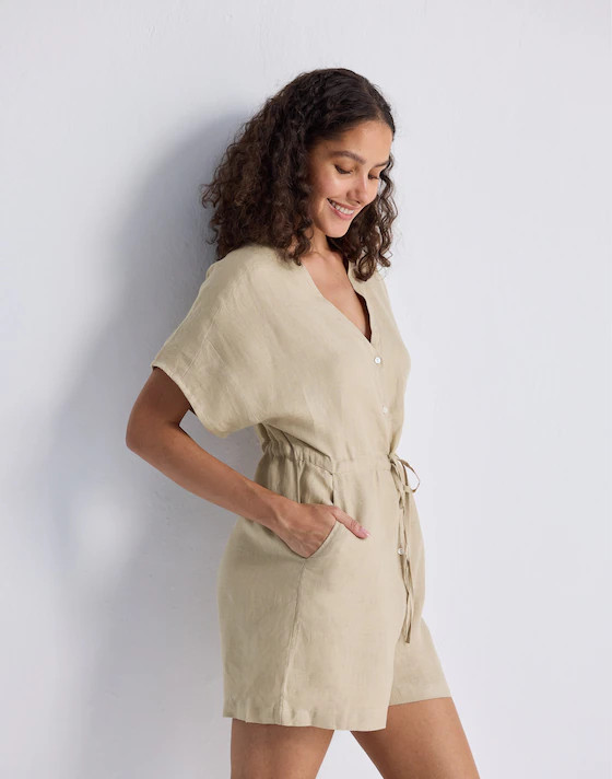 Reistor® V neck Drawstring Neutral Beige Romper in 100% Hemp | Madewell