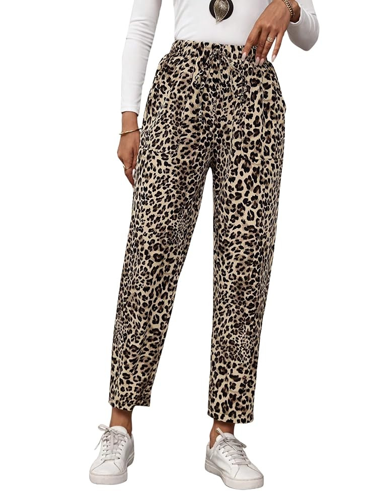 Floerns Women's Leopard Print Drawstring Elastic Waist Sweatpants Corduroy Straight Leg Casual Pa... | Amazon (US)