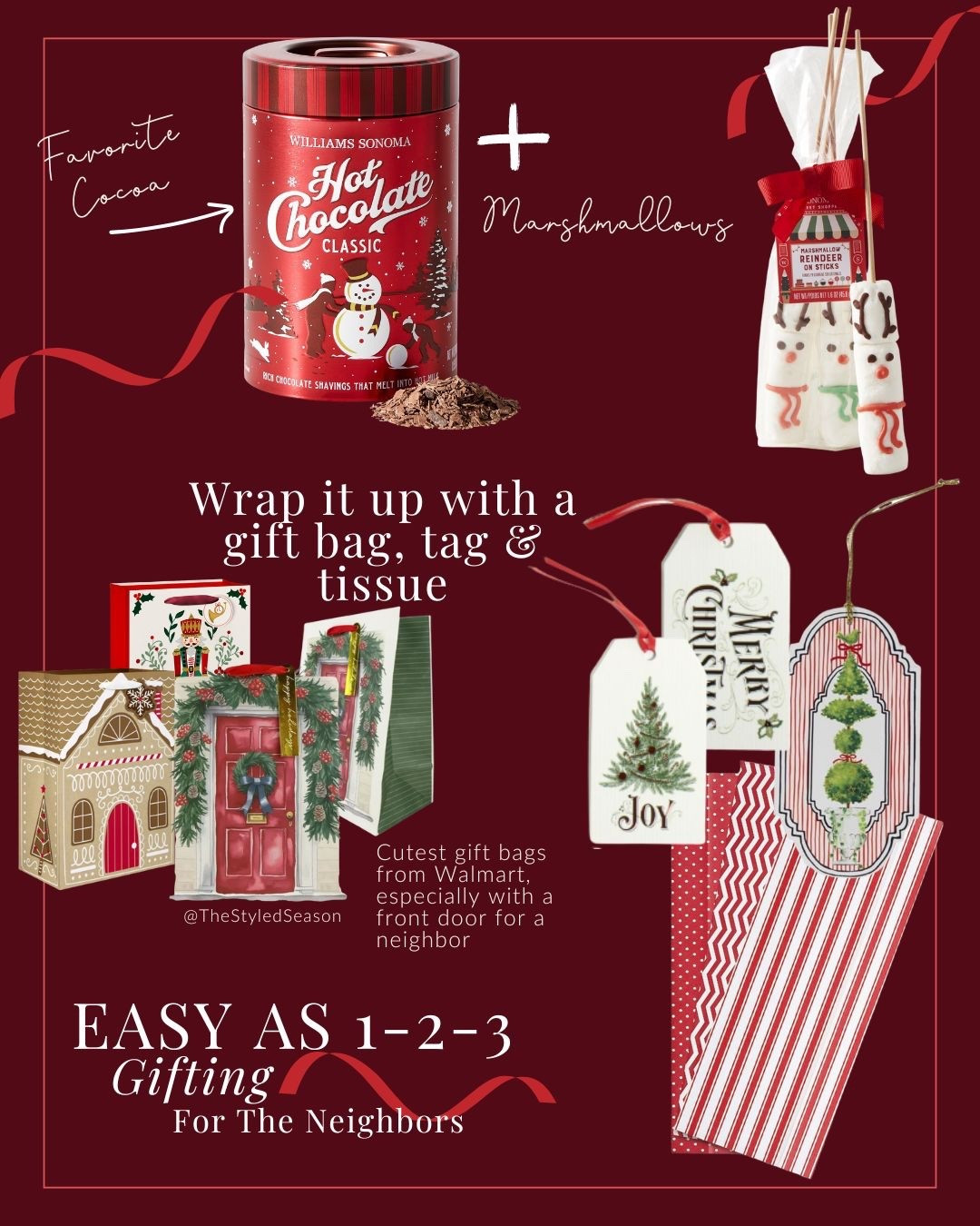 Easy gifting for your neighbors🏡🎄Cocoa & marshmallows with the cutest gift bags. 
Other ideas could be a favorite candle scent, a tea towel tied with a few recipe cards, their go-to cocktail mixer, homemade cookies, 🍪 a favorite seasoning, or plants like a Christmas cactus or Poinsettia🎁

The Styled Season, gift wrap, Christmas gifts, neighbor gifts 

#LTKGiftGuide #LTKHoliday #LTKSeasonal