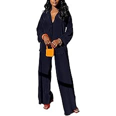 kaimimei Casual 2 Piece Outfit for Women - Linen Long Sleeve Button Down Shirt + Flare Pleated Wi... | Amazon (US)