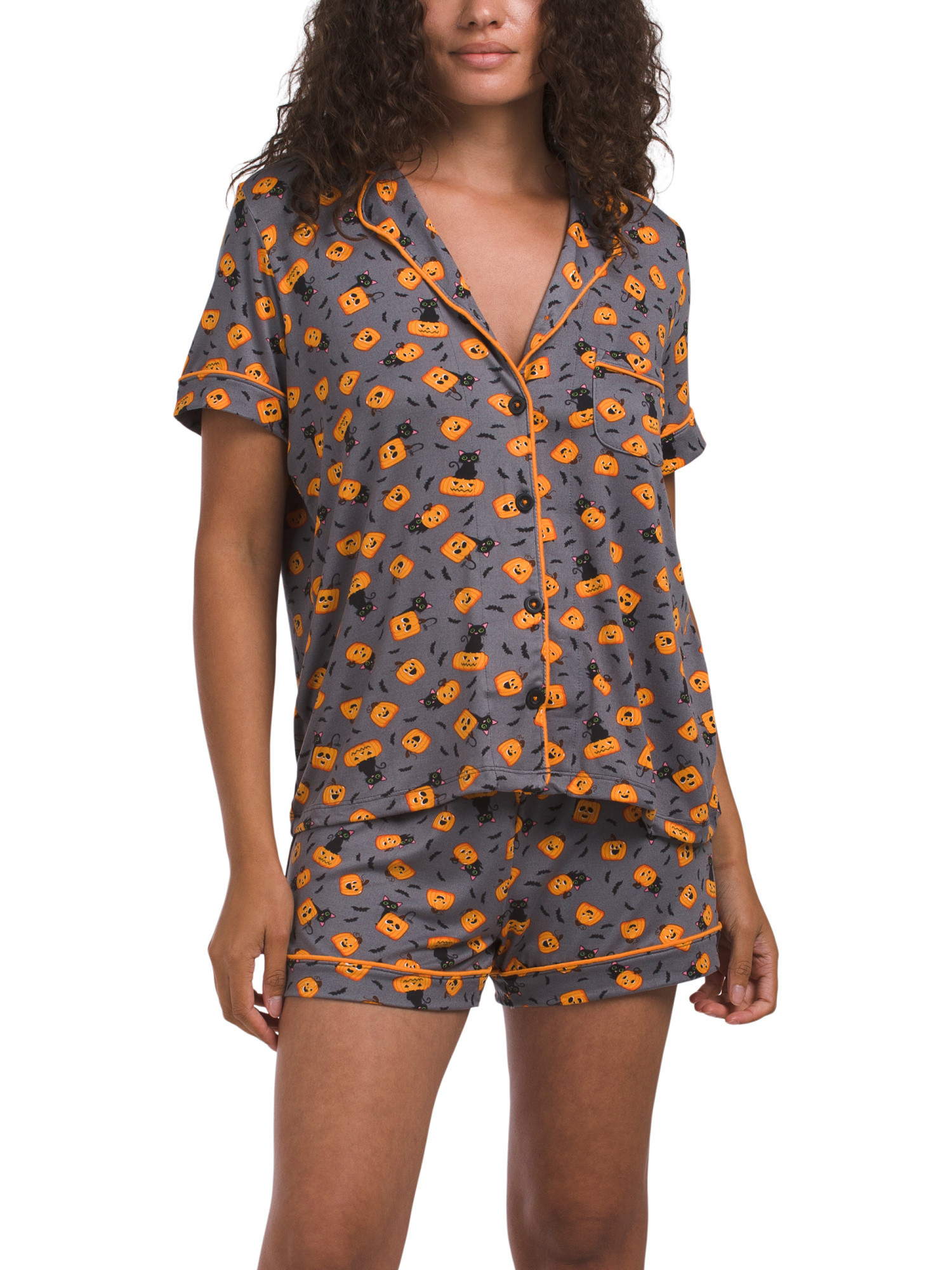 2pc Kitty Halloween Notch Collar Top And Shorts Pajama Set | TJ Maxx