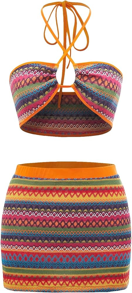 MakeMeChic Women's Boho Knitted 2 Piece Outfits Geo Print Tie Back Halter Crop Top and Bodycon Mi... | Amazon (US)