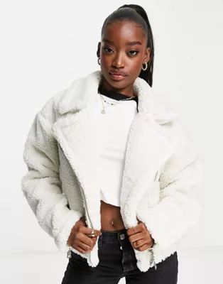 NA-KD recycled teddy borg jacket in off white | ASOS (Global)