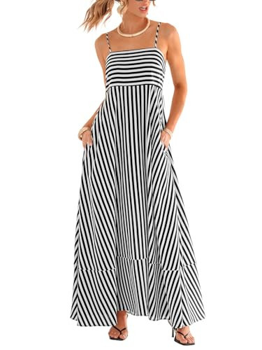CUPSHE Womens Summer Maxi Dress Casual Sleeveless Square Neck Striped Beach Long Dress with Pockets Black Striped, XS | Amazon (US)