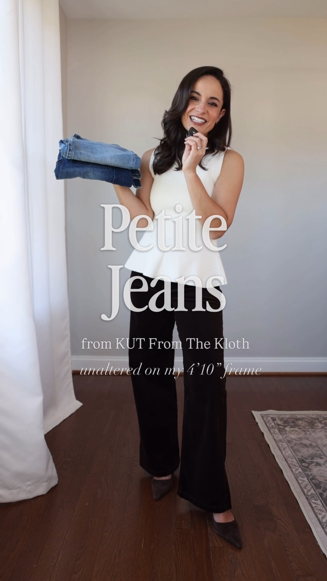 Testing the fit of petite jeans and pants from Kut from the Kloth - the verdict - a win! 

Jean corduroy pants: petite 00 / 10.25” rise / 28.25” inseam 
White t-shirt: xs
Peplum top: xxs 

Meg Wide Leg Jeans: 00 petite / 10.25” rise / 27” inseam 
Floral top: petite xxs

Avery straight leg: 00 petite / 10.25” rise / 25.5” inseam 
Coat: petite xxs 
Sweater: petite xs 

@kutfromthekloth #ad 

For size comparison, I’m 4’10” 105lbs. My measurements are 32”, 24”, 36”. I typically wear petite xxs/00/24 and have a 25” ankle inseam and a 27.5-28” full length inseam.