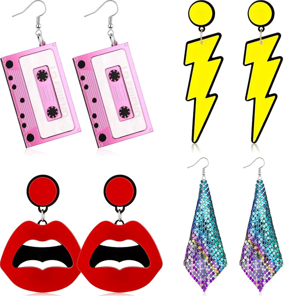 Hicarer 4 Pairs 80s Earrings for Women 90s Neon Earrings Retro Earrings Retro Drop Earrings for G... | Amazon (US)