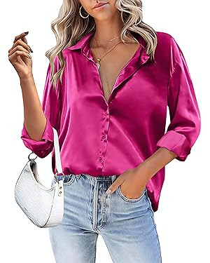 HOTOUCH Women Satin Silk Button Down Shirt Ladies Long Sleeve Tops V Neck Loose Blouse Dressy Bus... | Amazon (US)