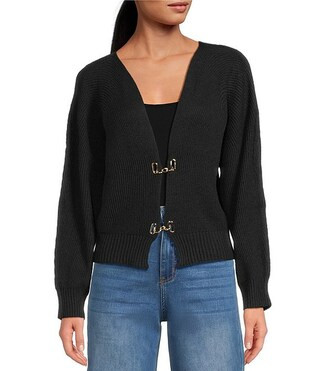 Ribbed Knit V-Neck Long Sleeve Front Hook Cardigan | Dillard's