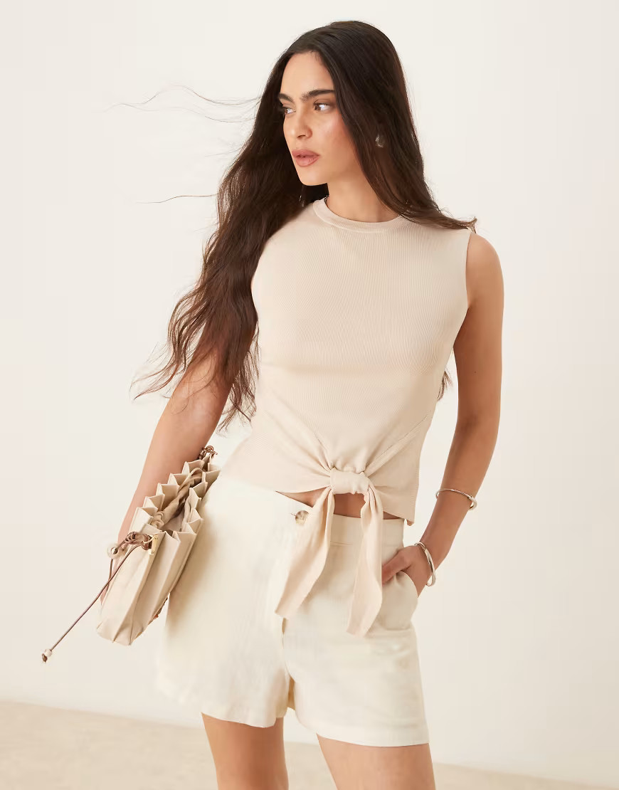 JDY front tie high neck knitted tank top in beige-Neutral | ASOS (Global)