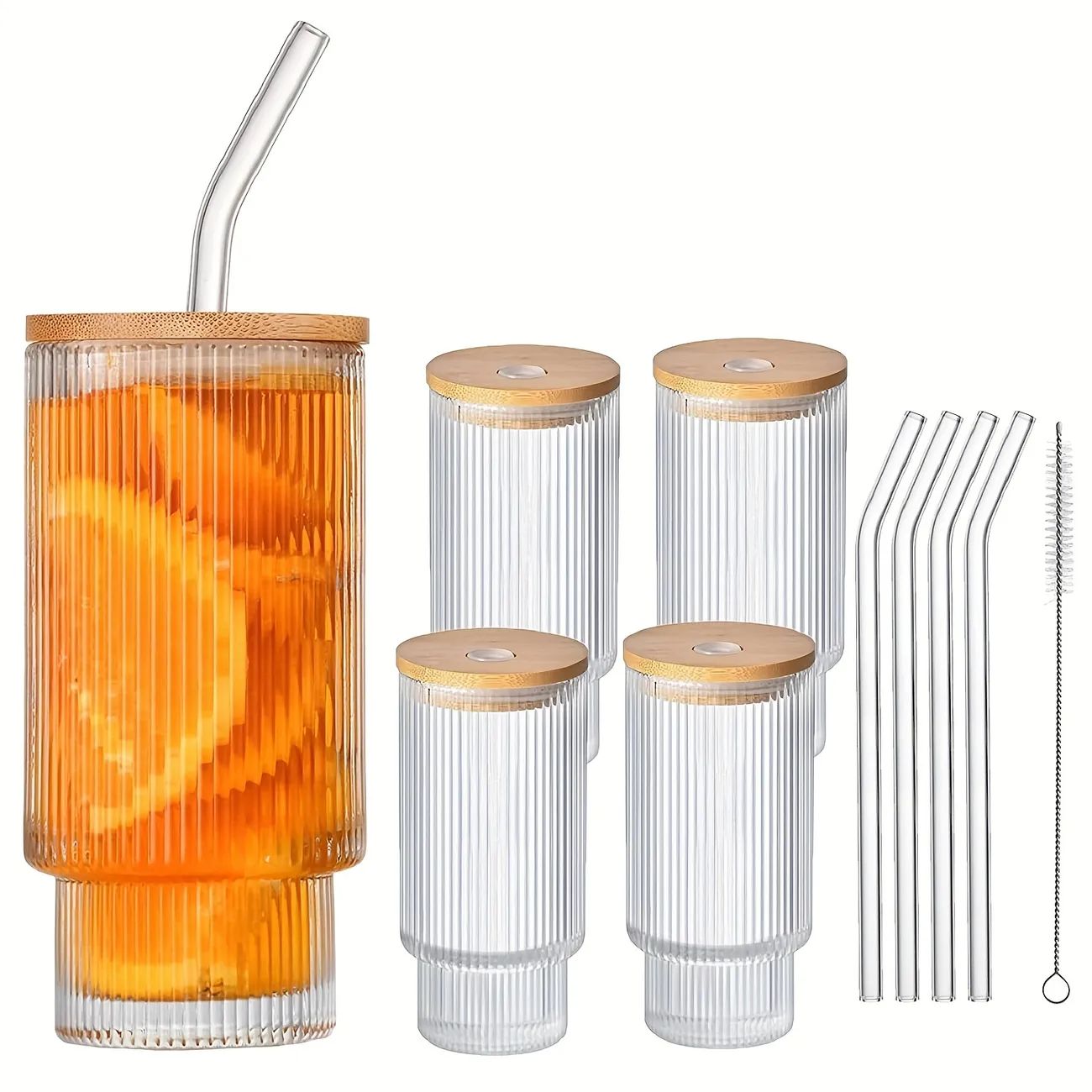 4pcs Glass Cups, 12oz Ribbed Drinking Glasses With Lid And Straws Ribbed Glassware, Cocktail Glas... | Temu Affiliate Program