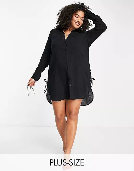 Simply Be ruched side beach shirt dress in black | ASOS (Global)