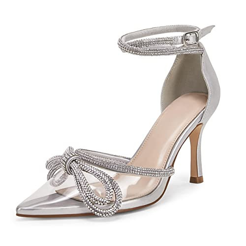 Coutgo Women's Clear Heels Closed Toe Pointed Rhinestone Heels Wedding Bridal Dress Shoes Ankle Strap Mid Heel Stiletto Pumps Shoes Silver | Amazon (US)