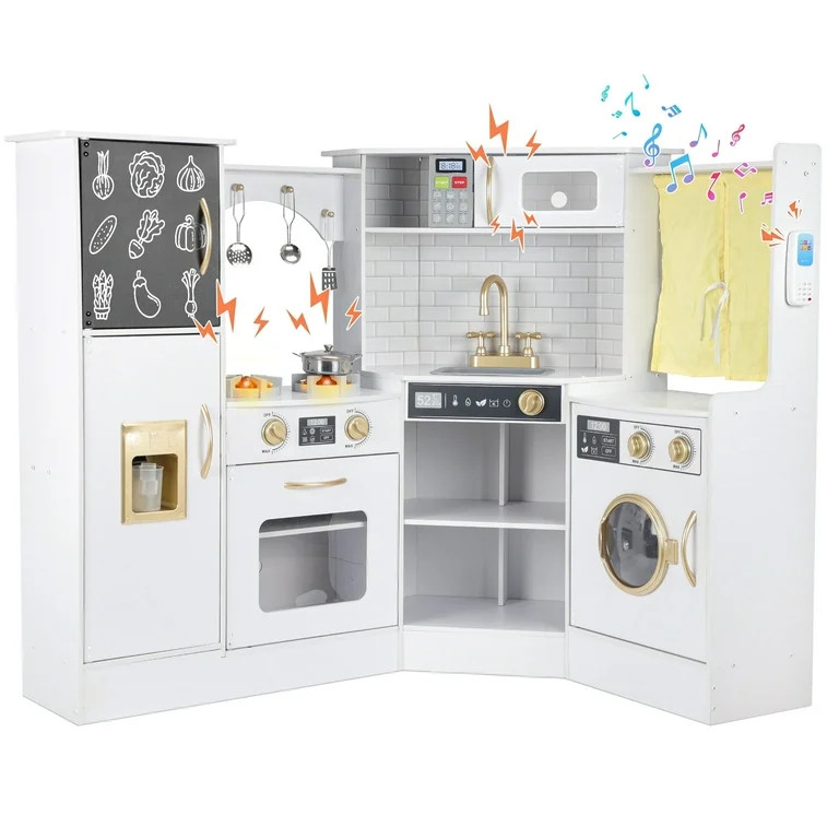 iYofe Corner Wooden Play Kitchen, Kids Kitchen Playset w/Light & Sound, Phone, Microwave, Stove, ... | Walmart (US)