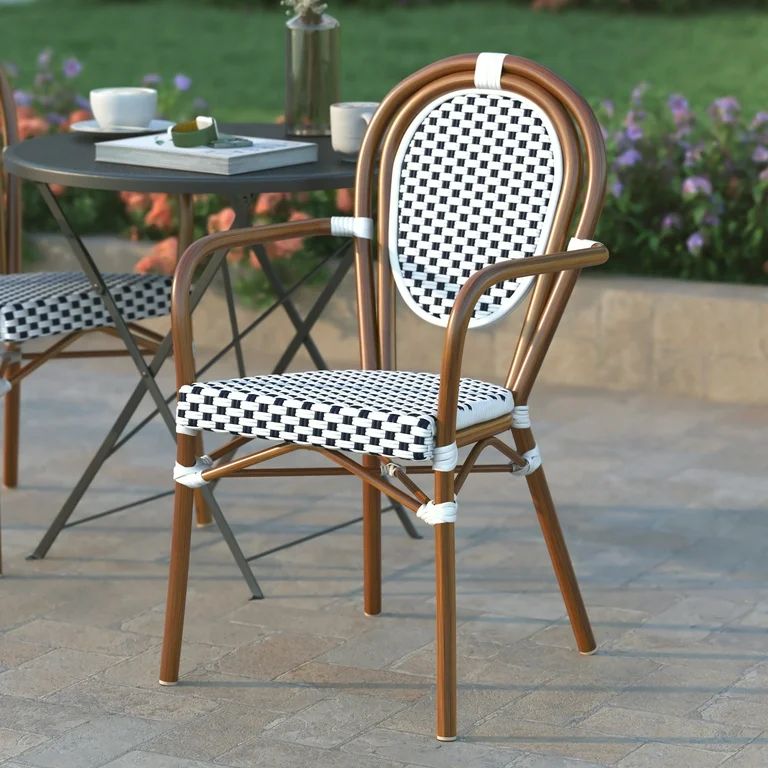 Emma + Oliver Indoor/Outdoor Stacking Thonet French Bistro Style Chair with Arms, White & Navy PE... | Walmart (US)