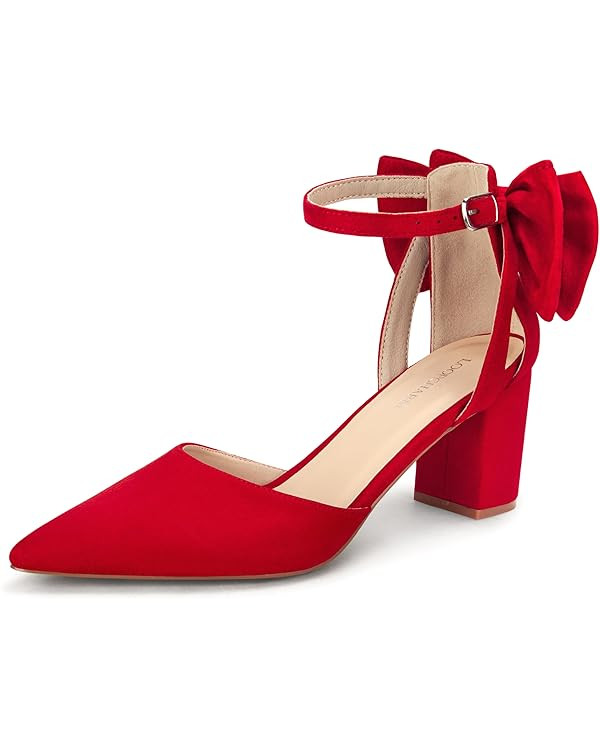 Womens Closed Pointed Toe Heels with Bow Low Chunky Block Heel Ankle Strap D'Orsay Pumps Bridal W... | Amazon (US)