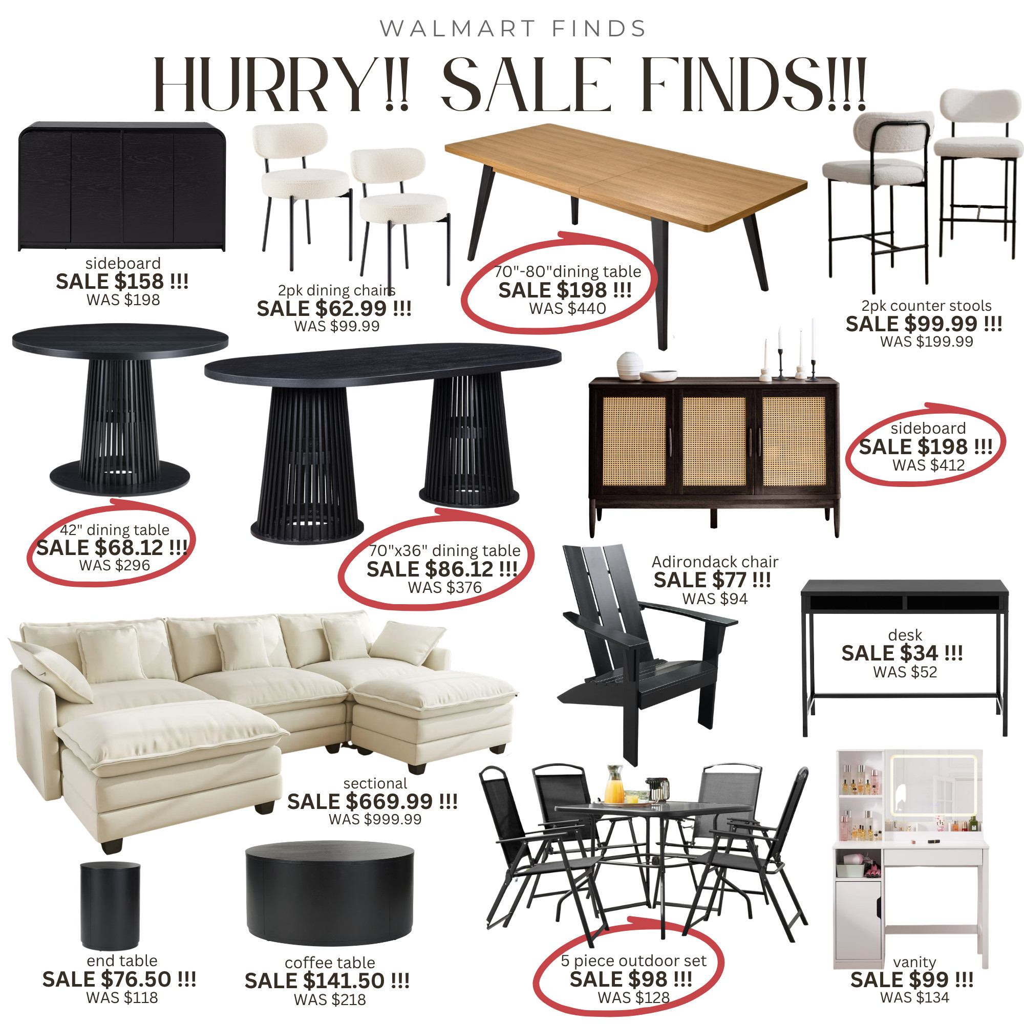 Sale on these furniture pieces from Walmart! From dining tables, outdoor patio furniture, desk, counterstool, dining chairs, sectional, coffee table, end table, makeup vanity, and more! 
Walmart home - modern home - interior styling - home furniture 

 #LTKSeasonal #LTKHome #LTKSaleAlert