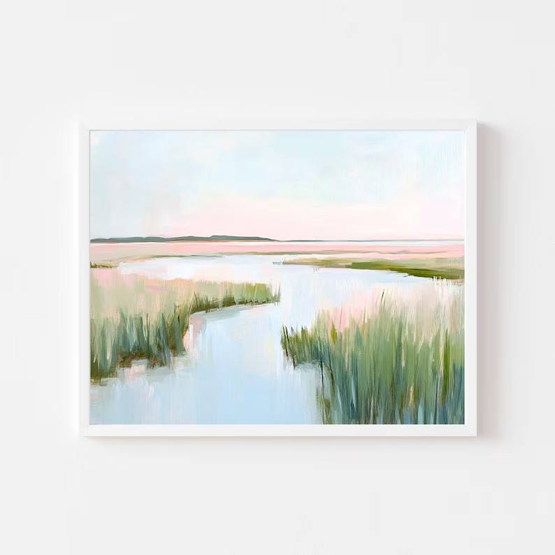 Coastal Marsh Landscape Painting | Pink Carolina Watercolor Wall Art Print | Beach House Printabl... | Etsy (US)