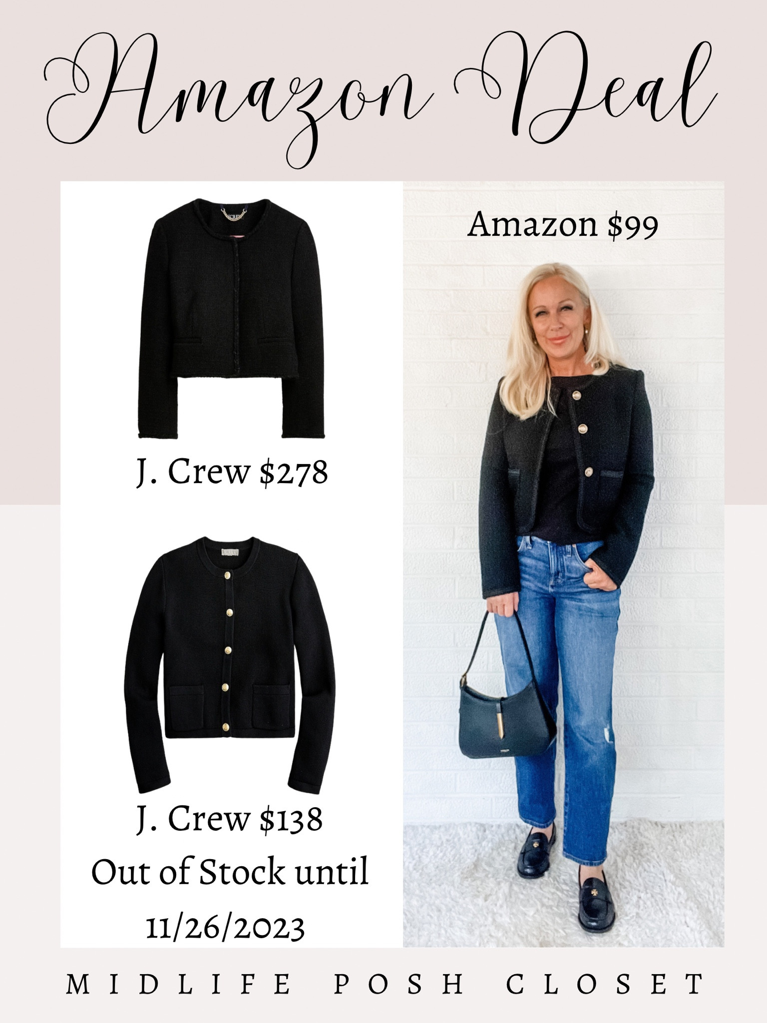 AMAZON DEAL! I love J. Crew but I don’t always love the prices. I. Crew has two black lady coats but one is $278 while the other is back ordered until after THANKSGIVING. Meanwhile, Amazon has a similar lady coat of good quality for a fraction of the price…and fully stocked  

#LTKworkwear #LTKfindsunder100 #LTKover40