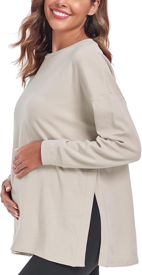 Ecavus Women's Casual Maternity Shirts Long Sleeve Soft and Comfy Pregnancy Tee Tops Side Split M... | Amazon (US)