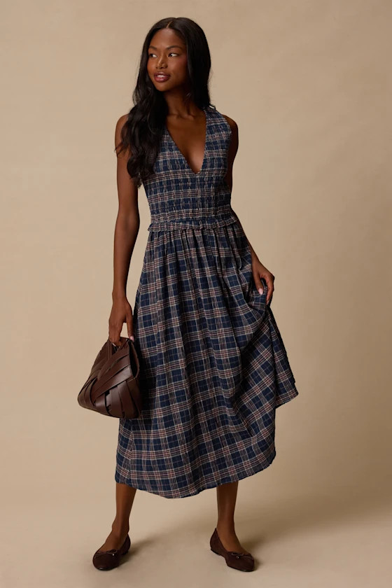 Rutherford Navy Blue Plaid Midi Dress | Lulus