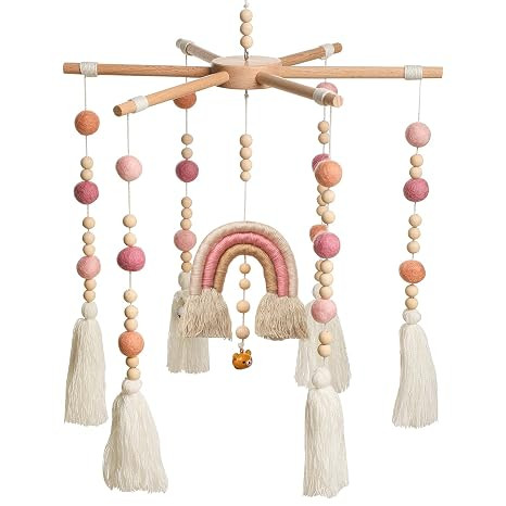 Baby Crib Mobile,Crib Mobile Wooden Mobile with Colorful Cotton Ball Wool Felt Ball Boho Baby Mob... | Amazon (US)